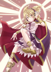 Rule 34 | 1girl, absurdres, anklet, armpit peek, blonde hair, blouse, blush, bracelet, breasts, cape, convenient leg, earmuffs, expressionless, from below, gold trim, hair between eyes, hand up, highres, jewelry, looking at viewer, medium hair, parted lips, pointy hair, purple background, purple cape, purple skirt, ramie (ramie541), shirt, simple background, skirt, sleeveless, sleeveless shirt, small breasts, solo, sunburst, toes, touhou, toyosatomimi no miko, white shirt, yellow eyes