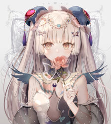 Rule 34 | 1girl, armpit crease, blunt bangs, blush, breasts, breasts apart, brown eyes, bun cover, butterfly hair ornament, covering own mouth, detached collar, detached sleeves, dress, floral print, flower, grey hair, hair ornament, high collar, highres, holding, holding flower, kouyafu, long bangs, long hair, looking at viewer, nail polish, original, pink flower, polka dot sleeves, print dress, see-through, see-through sleeves, sidelocks, simple background, sleeveless, sleeveless dress, small breasts, solo, tassel, upper body, white background