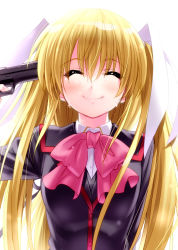 Rule 34 | 1girl, ^ ^, blonde hair, bow, closed eyes, crying, gun, gun to head, highres, holding, holding gun, holding weapon, little busters!, long hair, pink bow, school uniform, simple background, smile, solo, suicide, tears, tokido saya, twintails, weapon, white background, zen