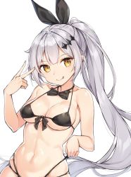 Rule 34 | 1girl, :q, bare shoulders, bikini, black bikini, black bow, black bowtie, black ribbon, bow, bowtie, breasts, cleavage, collarbone, commentary, five-seven (cruise queen) (girls&#039; frontline), five-seven (girls&#039; frontline), girls&#039; frontline, hair ribbon, head tilt, highres, long hair, looking at viewer, md5 mismatch, medium breasts, multi-strapped bikini, navel, official alternate costume, resolution mismatch, ribbon, rikoma, side ponytail, silver hair, simple background, skindentation, solo, source larger, stomach, string bikini, swimsuit, tongue, tongue out, underboob, upper body, v, very long hair, white background, yellow eyes