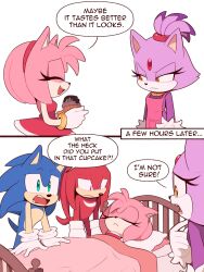 Rule 34 | 2boys, 2girls, absurdres, amy rose, blaze the cat, blue eyes, closed eyes, cupcake, food, furry, furry female, furry male, gloves, green eyes, highres, knuckles the echidna, multiple boys, multiple girls, skeptical, sonic (series), sonic the hedgehog, speech bubble, toonsite, unconscious, white background, white gloves