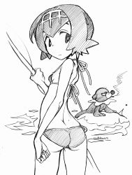 Rule 34 | 1girl, absurdres, alternate costume, ass, bare arms, bare shoulders, bikini, breasts, bright pupils, closed mouth, cowboy shot, creatures (company), eudetenis, fishing rod, frown, game freak, gen 7 pokemon, greyscale, hairband, highres, holding, holding fishing rod, lana (pokemon), legs apart, looking at viewer, looking back, monochrome, nintendo, pokemon, pokemon (creature), pokemon sm, popplio, side-tie bikini bottom, small breasts, smoking, standing, swimsuit, trial captain