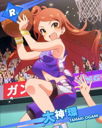 Rule 34 | &gt;:d, 10s, 1girl, :d, armpits, audience, ball, bare shoulders, basketball, basketball (object), brown hair, character name, idolmaster, idolmaster million live!, jumping, navel, official art, ogami tamaki, one side up, open mouth, orange eyes, playing sports, side ponytail, smile, solo focus, sweat, v-shaped eyebrows, wristband