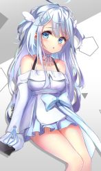 Rule 34 | 1girl, ahoge, amatsuka uto, bare shoulders, blue bow, blue eyes, blush, bow, breasts, commentary request, detached sleeves, dress, gradient background, grey background, hair between eyes, hair ornament, hairclip, highres, indie virtual youtuber, long sleeves, looking at viewer, medium breasts, parted lips, pleated dress, silver hair, sitting, sleeveless, sleeveless dress, sleeves past fingers, sleeves past wrists, solo, teratsuki, two-tone background, two side up, virtual youtuber, white background, white dress, white sleeves