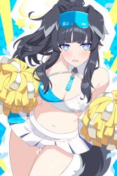 Rule 34 | 1girl, absurdres, animal ears, bare shoulders, black hair, blue archive, blue eyes, blush, breasts, cheerleader, cleavage, collar, commentary, crop top, detached collar, dog ears, dog girl, dog tail, goggles, goggles on head, halo, hibiki (blue archive), hibiki (cheer squad) (blue archive), highres, holding, holding pom poms, large breasts, long hair, looking at viewer, millennium cheerleader outfit (blue archive), miniskirt, navel, official alternate costume, open mouth, panties, pantyshot, pleated skirt, pom pom (cheerleading), pom poms, rin ateria, sidelocks, skirt, solo, star sticker, sticker on face, stomach, tail, thigh gap, thighs, underwear, white collar, white panties, white skirt, yellow halo