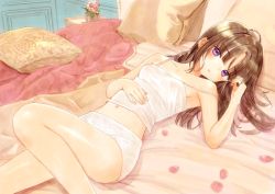 Rule 34 | 1girl, arm up, bare arms, bare shoulders, bed sheet, breasts, brown hair, camisole, collarbone, commentary request, dutch angle, flower, hair between eyes, hand in own hair, head tilt, indoors, long hair, navel, original, panties, parted lips, petals, pillow, pink flower, purple eyes, small breasts, solo, strap slip, tsukigami runa, underwear, underwear only, white camisole, white panties