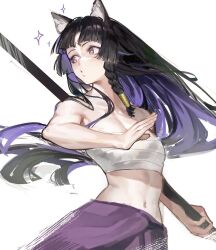 Rule 34 | 1girl, animal ears, arknights, black hair, blunt bangs, chest sarashi, closed mouth, dog ears, dog girl, enn matien, highres, holding, holding polearm, holding weapon, japanese clothes, long hair, navel, polearm, purple eyes, saga (arknights), sarashi, simple background, solo, stomach, upper body, weapon, white background