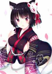 Rule 34 | 1girl, animal ears, azur lane, black hair, breasts, cherry blossoms, fang, highres, japanese clothes, kimono, long sleeves, looking at viewer, mask, mask on head, open mouth, petals, red eyes, short hair, sideboob, solo, tamakinoki, thighhighs, white thighhighs, wide sleeves, yamashiro (azur lane)