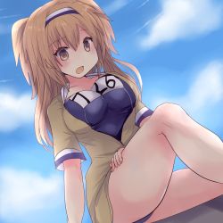 Rule 34 | 1girl, breasts, brown eyes, cloud, cloudy sky, commentary request, day, dutch angle, hair between eyes, hairband, hands on own thighs, highres, hirune (konekonelkk), i-26 (kancolle), jacket, kantai collection, knee up, large breasts, light brown hair, looking at viewer, medium hair, open clothes, open jacket, outdoors, school swimsuit, short sleeves, sidelocks, sky, solo, swimsuit
