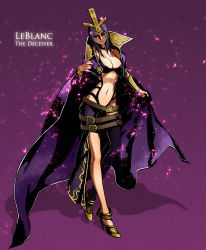 Rule 34 | 1girl, belt, breasts, cape, character name, cleavage, leblanc (league of legends), facial mark, forehead jewel, groin, high heels, hooreng, league of legends, lezinz, long hair, navel, popped collar, purple hair, shoes, solo, tiara, vambraces