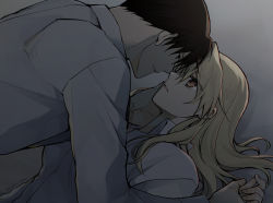Rule 34 | 1boy, 1girl, black hair, blonde hair, boy on top, breasts, brown eyes, collared shirt, fullmetal alchemist, grey background, hair between eyes, hand on another&#039;s cheek, hand on another&#039;s face, holding hands, imminent kiss, long hair, long sleeves, looking at another, medium breasts, parted lips, riza hawkeye, roy mustang, shirt, short hair, takafuji yuna, upper body, white shirt