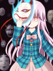 Rule 34 | 1girl, blue fire, bow, bowtie, buttons, cowboy shot, expressionless, fire, fox mask, hannya, hata no kokoro, holding, holding mask, long hair, long sleeves, looking at viewer, magic, mask, noh mask, pink bow, pink bowtie, pink hair, plaid, plaid shirt, ry (yagoyago), shirt, solo, touhou