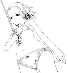 Rule 34 | 1girl, cowboy shot, dutch angle, expressionless, greyscale, hairband, holding, holding sword, holding weapon, kyoutarou, lingerie, long hair, monochrome, original, simple background, solo, standing, suzuki kyoutarou, sword, underwear, underwear only, weapon, white background