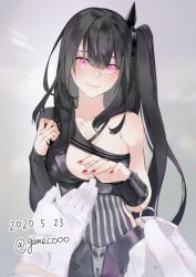 Rule 34 | 1girl, architect (girls&#039; frontline), black hair, blush, bracer, breasts, closed mouth, commander (girls&#039; frontline), dated, dress, fingernails, girls&#039; frontline, gloves, grey background, hair between eyes, head tilt, holding, jewelry, large breasts, looking at viewer, marriage proposal, nail polish, neko (ganecooo), one side up, ornate ring, pink eyes, pov, pov hands, red nails, ring, sangvis ferri, single-shoulder dress, single bare shoulder, smile, solo focus, twitter username, wedding ring, white gloves