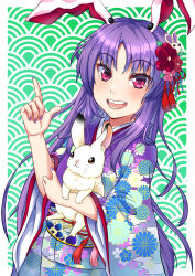 Rule 34 | 1girl, alternate costume, animal ears, blush, breasts, commentary request, cowboy shot, floral print, flower, hair flower, hair ornament, highres, holding animal, holding rabbit, japanese clothes, jouzou, kimono, long hair, long sleeves, looking at viewer, nail polish, obi, open mouth, parted bangs, pink flower, pointing, pointing up, print kimono, purple hair, purple nails, rabbit, rabbit ears, rabbit girl, rabbit hair ornament, red eyes, red flower, reisen udongein inaba, sash, seigaiha, sidelocks, small breasts, smile, solo, touhou, very long hair, wide sleeves