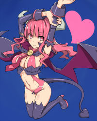 Rule 34 | 1girl, blue background, blush, boots, breasts, cleavage, demon girl, demon tail, demon wings, disgaea, heart, high heel boots, high heels, horns, kurobuta (iina), long hair, navel, pink eyes, pink hair, pointy ears, smile, solo, demon girl, succubus (disgaea), tail, thigh boots, thighhighs, wings