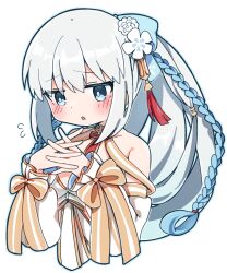 Rule 34 | 1girl, :o, averting eyes, bare shoulders, bikini, blue eyes, blush, braid, commentary request, detached sleeves, embarrassed, fate/grand order, fate (series), grey hair, hair ornament, hand up, kanzashi, long hair, looking down, morgan le fay (fate), morgan le fay (water princess) (fate), multicolored hair, open mouth, ponytail, rabiiandrain, solo, swimsuit, very long hair, white bikini