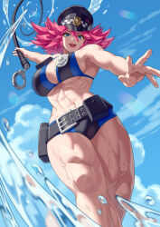 Rule 34 | 1girl, abs, blue eyes, buckle, hat, highres, motion blur, muscular, muscular female, ocean, official alternate costume, pink hair, poison (final fight), short hair, street fighter, street fighter v, swimsuit, whip, yagi2013