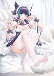 Rule 34 | 1girl, absurdres, animal ears, apron, aqua eyes, aqua hair, arm garter, azur lane, bikini, breasts, cheshire (azur lane), cleavage, detached sleeves, fake animal ears, fang, feet, frilled hairband, frilled ribbon, frills, full body, garter straps, hairband, highres, large breasts, long ribbon, looking at viewer, maid, maid headdress, multicolored hair, no shoes, panties, puffy detached sleeves, puffy sleeves, purple apron, purple hair, ribbon, sitting, skin fang, smile, soles, solo, stardust (chen&#039;ai weiding), strapless, strapless bikini, streaked hair, swimsuit, thighhighs, underwear, white panties, white thighhighs, wrist cuffs
