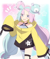 Rule 34 | 1girl, :d, blush, character hair ornament, commentary request, creatures (company), eyelashes, game freak, green hair, grey eyes, grey pantyhose, grey shirt, hair ornament, highres, iono (pokemon), jacket, long hair, multicolored hair, nintendo, notice lines, ohn pkmn, open mouth, pantyhose, pokemon, pokemon sv, purple hair, shirt, single leg pantyhose, sleeveless, sleeveless shirt, sleeves past fingers, sleeves past wrists, smile, solo, star (symbol), teeth, thigh strap, twintails, two-tone hair, upper teeth only, yellow jacket