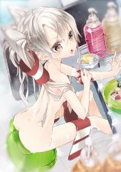 Rule 34 | 10s, 1girl, 218, amatsukaze (kancolle), ass, bath, bathing, blush, brown eyes, kantai collection, long hair, looking at viewer, messy hair, nude, personification, shimakaze (kancolle), sitting, soap, solo, striped clothes, striped thighhighs, thighhighs, towel, twintails, water, wet, white hair