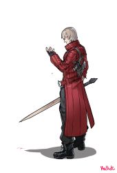 Rule 34 | blood, blood on hands, bloody weapon, boots, coat, dante (devil may cry), devil may cry (series), devil may cry 3, fingerless gloves, gloves, gun, hallot, handgun, highres, holding, holding sword, holding weapon, holster, looking at hand, medium hair, pistol, red coat, signature, simple background, standing, sword, weapon, white background, white hair
