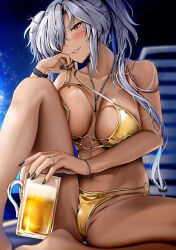 Rule 34 | 1girl, alternate costume, bare shoulders, barefoot, beach chair, beer mug, bikini, black nails, blurry, blurry background, blush, bracelet, breast press, breasts, breasts apart, brown eyes, cameltoe, collarbone, commentary request, cup, dark-skinned female, dark skin, glasses, gold bikini, grey hair, groin, hair over one eye, highres, holding, holding cup, jewelry, kantai collection, knee up, large breasts, long hair, looking at viewer, mug, musashi (kancolle), navel, necklace, night, night sky, o-ring, o-ring bikini, outdoors, panties, parted lips, ring, semi-rimless eyewear, sitting, sky, smile, solo, spaghetti strap, spread legs, star (sky), starry sky, swimsuit, twintails, underwear, untied bikini, wedding ring, yunamaro