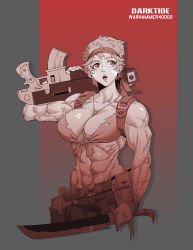 Rule 34 | 1girl, abs, absurdres, ammunition pouch, astra militarum, belt, biceps, bikini, bikini top only, bolter, breasts, dog tags, earrings, front-tie bikini top, front-tie top, gradient background, gun, headband, highres, jewelry, knife, machete, muscular, muscular female, outside border, pouch, red background, rmulderz, short hair, simple background, skull, swimsuit, toned, veins, warhammer 40k, weapon