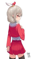 Rule 34 | 1girl, black thighhighs, commission, cowboy shot, crop top, from behind, grey hair, hair over shoulder, hair ribbon, hand up, highres, long hair, long sleeves, looking at viewer, looking back, miniskirt, myeolchi, original, pleated skirt, pointy ears, profile, red eyes, red shirt, red skirt, ribbon, sailor collar, shirt, sidelocks, skirt, solo, thighhighs, undershirt, white shirt, zettai ryouiki