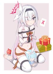 Rule 34 | 1girl, 27296720, :t, blue archive, bound, bound arms, bound legs, character doll, christmas, christmas present, commentary request, gift, grey eyes, hair over one eye, hair ribbon, hairband, halo, highres, long hair, navel, no panties, plana (blue archive), ribbon, seiza, sitting, solo, spoken x, spreader bar, stirrup legwear, straitjacket, toeless legwear, toes, very long hair, white hair
