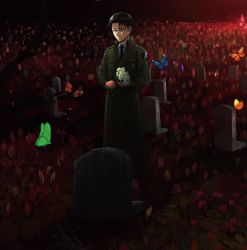 Rule 34 | 1boy, black eyes, black hair, bouquet, bug, butterfly, butterfly wings, cleaned, coat, collared shirt, eyebrows, flower, grass, grave, graveyard, green coat, highres, holding, holding flower, insect, insect wings, levi (shingeki no kyojin), long coat, long sleeves, looking down, necktie, official art, shingeki no kyojin, shirt, short hair, sleeves past elbows, solo, white shirt, wings