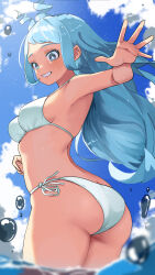Rule 34 | 1girl, absurdres, ass, bikini, blue eyes, blue hair, blue sky, boku no hero academia, breasts, cloud, day, floating hair, from behind, grin, hadou nejire, highres, long hair, looking at viewer, looking back, medium breasts, open hand, outdoors, sky, smile, solo, swimsuit, wading, water, white bikini, zd (pixiv6210083)