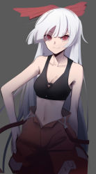 Rule 34 | 1girl, adapted costume, breasts, cleavage, fujiwara no mokou, hand on own hip, highres, long hair, looking at viewer, navel, red eyes, smile, solo, sports bra, st (youx1119), suspenders, touhou, white hair