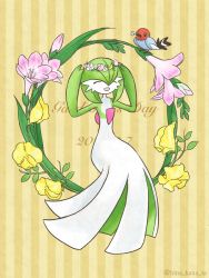 Rule 34 | 1girl, ^ ^, arms up, artist name, bird, black eyes, bob cut, character name, closed eyes, colored skin, creatures (company), dated, english text, female focus, flat chest, fletchling, flower, flower wreath, full body, game freak, gardevoir, gardevoir day, gen 3 pokemon, gen 6 pokemon, green hair, green skin, happy, head wreath, highres, hinata kanata, holding, holding flower, mouth hold, multicolored skin, nintendo, open mouth, pink flower, pokemon, pokemon (creature), short hair, simple background, sitting, smile, solo focus, striped, striped background, twitter username, two-tone skin, watermark, white flower, white skin, yellow background, yellow flower