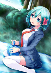 Rule 34 | 10s, 1girl, :d, aqua eyes, aqua hair, bento, blush, bow, breasts, divine gate, from side, grass, hair bow, highres, holding, jacket, long sleeves, looking at viewer, medium breasts, nanaume (shichimi tougarashi), necktie, no shoes, open mouth, outdoors, pink bow, pleated skirt, school uniform, short hair, sitting, skirt, sky, smile, solo, thighhighs, vivian (divine gate), wariza, white thighhighs