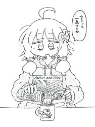 Rule 34 | 1girl, ahoge, bags under eyes, bottle, can, commentary, cropped torso, cup, english text, greyscale, hair ornament, holding, holding bottle, holding can, hood, hoodie, long sleeves, messy hair, monochrome, monster energy, mug, okamoto (otomako2l7), open mouth, pill bottle, pouring, print hoodie, short hair with long locks, simple background, sleepy, solo, table, translated, vocaloid, voiceroid, yuzuki yukari