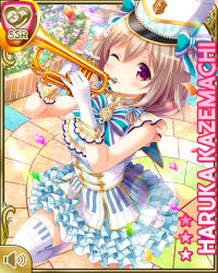 Rule 34 | 1girl, :o, blush, bow, bowtie, brown hair, character name, city, day, girlfriend (kari), gloves, hair ornament, hairclip, hat, instrument, kazemachi haruka, looking at viewer, music, official art, one eye closed, open mouth, outdoors, pink eyes, playing instrument, qp:flapper, rabbit hair ornament, short hair, skirt, solo, sunset, tagme, tareme, treble clef, white bow, white gloves, white hat, white skirt