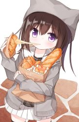 Rule 34 | 1girl, animal ears, animal hat, bag, baguette, black shirt, black thighhighs, blush, bread, brown hair, cheese, commentary request, eating, fake animal ears, food, grey hat, grey jacket, grocery bag, hair between eyes, hat, holding, holding food, hugging object, jacket, long hair, long sleeves, looking at viewer, open clothes, open jacket, original, paper bag, pleated skirt, purple eyes, sailor collar, school uniform, serafuku, shiho (yuuhagi (amaretto-no-natsu)), shirt, shopping bag, skirt, sleeves past wrists, solo, standing, thighhighs, white background, white sailor collar, white skirt, yuuhagi (amaretto-no-natsu)