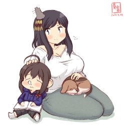 Rule 34 | 2girls, :3, ahoge, alternate costume, animal, animal on lap, artist logo, black hair, blue hoodie, book, breasts, brown hair, child, cleavage, collarbone, commentary request, dated, dog, closed eyes, hair ornament, hand on another&#039;s head, headpat, highres, hood, hood down, hoodie, kanon (kurogane knights), kantai collection, large breasts, long sleeves, multiple girls, nose bubble, on lap, one-hour drawing challenge, open book, puppy, red eyes, shigure (kancolle), shirt, short hair, simple background, sitting, sleeping, sleeping on person, sleeping upright, smile, white background, white shirt, yamashiro (kancolle), yokozuwari, aged down