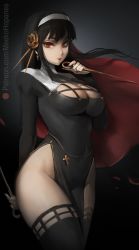 Rule 34 | 1girl, absurdres, black hair, black thighhighs, breasts, cleavage, cowboy shot, cross, hairband, highres, holding, holding weapon, large breasts, long hair, long sleeves, looking at viewer, meekohopanes, nail polish, nun, patreon username, red eyes, red lips, red nails, sidelocks, solo, spy x family, thighhighs, thighs, weapon, yor briar