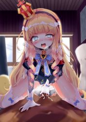 Rule 34 | 1boy, 1girl, absurdres, age difference, assertive female, azur lane, blonde hair, blue eyes, blunt bangs, blush, bow, clothed female nude male, clothed sex, commentary request, cowgirl position, crown, cum, curtains, detached collar, detached sleeves, dress, drill hair, drooling, erection, fang, girl on top, gloves, guided penetration, hair bow, hairband, head tilt, heavy breathing, hetero, highres, indoors, long hair, long sleeves, looking at viewer, mini crown, nose blush, nude, open mouth, penis, pov, pussy, queen elizabeth (azur lane), saliva, sex, shiny skin, skin fang, spread legs, squinting, straddling, tears, testicles, thighhighs, thighs, uncensored, v-shaped eyebrows, vaginal, very long hair, white bow, white gloves, white thighhighs, window, z2byytla