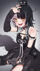 1girl absurdres asymmetrical_legwear black_choker black_dress black_hair black_nails blush breasts choker cleavage detached_sleeves dress fangs godoaru highres hololive hololive_english large_breasts medium_hair multicolored_hair nail_polish shiori_novella shiori_novella_(1st_costume) smile virtual_youtuber white_hair yellow_eyes yorick_(shiori_novella)