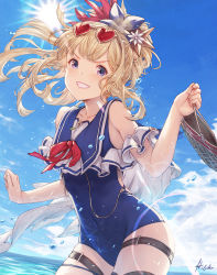 Rule 34 | 1girl, bag, blonde hair, blue eyes, blue one-piece swimsuit, cagliostro (granblue fantasy), cagliostro (summer) (granblue fantasy), clenched teeth, day, eyewear on head, garter straps, granblue fantasy, hair ornament, holding, holding bag, ivris, long hair, one-piece swimsuit, outdoors, ponytail, signature, solo, sunglasses, sunlight, swimsuit, teeth, water, water drop