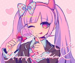 Rule 34 | 1girl, blunt bangs, bow, brown jacket, candy, closed mouth, collared shirt, commentary request, danganronpa (series), danganronpa another episode: ultra despair girls, fake horns, food, green bow, hair bow, hands up, happy birthday, heart, holding, horns, index finger raised, jacket, lollipop, long hair, long sleeves, looking at viewer, notice lines, one eye closed, outline, pink eyes, pink hair, polka dot, polka dot bow, sasakama (sasagaki01), shirt, simple background, solo, tongue, tongue out, twintails, upper body, utsugi kotoko, white outline