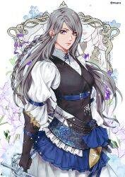 Rule 34 | 1girl, belt, belt buckle, black gloves, black vest, blue belt, blue eyes, blue skirt, braid, buckle, closed mouth, commentary, cowboy shot, dress, dual persona, english commentary, etroveria, final fantasy, final fantasy xvi, floral background, flower, gloves, grey hair, hair behind ear, high collar, highres, holding, holding sword, holding weapon, jill warrick, juliet sleeves, lips, long hair, long sleeves, looking at viewer, puffy sleeves, rapier, shiva (final fantasy), single glove, skirt, solo, swept bangs, sword, twitter username, vest, weapon, white dress