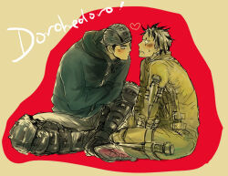 Rule 34 | 2boys, aikawa (dorohedoro), artist request, black hair, blonde hair, blush, colored tips, couple, dorohedoro, face-to-face, facial mark, from side, full body, heart, knees together feet apart, leaning forward, male focus, medium sideburns, multicolored hair, multiple boys, no eyebrows, risu (dorohedoro), sitting, sweatdrop, thick eyebrows, unfinished, yaoi