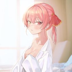 Rule 34 | 1girl, absurdres, bare shoulders, blush, breasts, cleavage, hair ribbon, heterochromia, highres, hololive, houshou marine, looking at viewer, medium breasts, pink eyes, pink hair, ribbon, shio05 (05 sio), solo, sweatdrop, twintails, virtual youtuber, yellow eyes