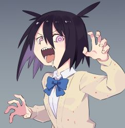 Rule 34 | 1girl, aki poi, black hair, blood, blood on clothes, blue bow, blue bowtie, bow, bowtie, brown sweater, claw pose, collared shirt, commentary request, crazy eyes, drooling, grey background, hair between eyes, long sleeves, looking at viewer, multicolored hair, open mouth, original, purple eyes, purple hair, ringed eyes, saliva, sharp teeth, shirt, short hair, solo, sweater, teeth, two-tone hair, upper body, v-shaped eyebrows, white shirt