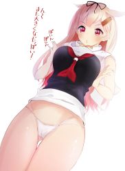 Rule 34 | 10s, 1girl, :o, bare shoulders, black ribbon, black serafuku, blonde hair, blush, breasts, breasts squeezed together, cowboy shot, from below, gluteal fold, groin, hair flaps, hair ornament, hair ribbon, hairclip, highres, kantai collection, large breasts, midriff, navel, neckerchief, no pants, panties, parted lips, red eyes, red neckerchief, red ribbon, ribbon, scarf, school uniform, serafuku, shirt, simple background, sleeveless, sleeveless shirt, solo, standing, stomach, string panties, tebi (tbd11), text focus, thigh gap, thighs, translated, underwear, white background, white panties, white scarf, yuudachi (kancolle), yuudachi kai ni (kancolle)