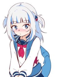 Rule 34 | 1girl, animated, blue eyes, blue hair, blunt bangs, blush, dudul, fins, fish tail, gawr gura, grey hair, hair ornament, hololive, hololive english, long sleeves, looping animation, medium hair, multicolored hair, neckerchief, nervous, nose blush, red neckerchief, school uniform, shark girl, shark hair ornament, shark tail, simple background, solo, streaked hair, tail, tail wagging, two side up, upper body, video, virtual youtuber, white background
